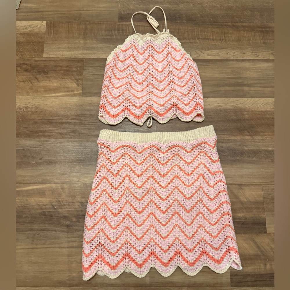Knit Crochet Two-Piece Skirt Set – Peachy Chevron Vibes | Size medium
